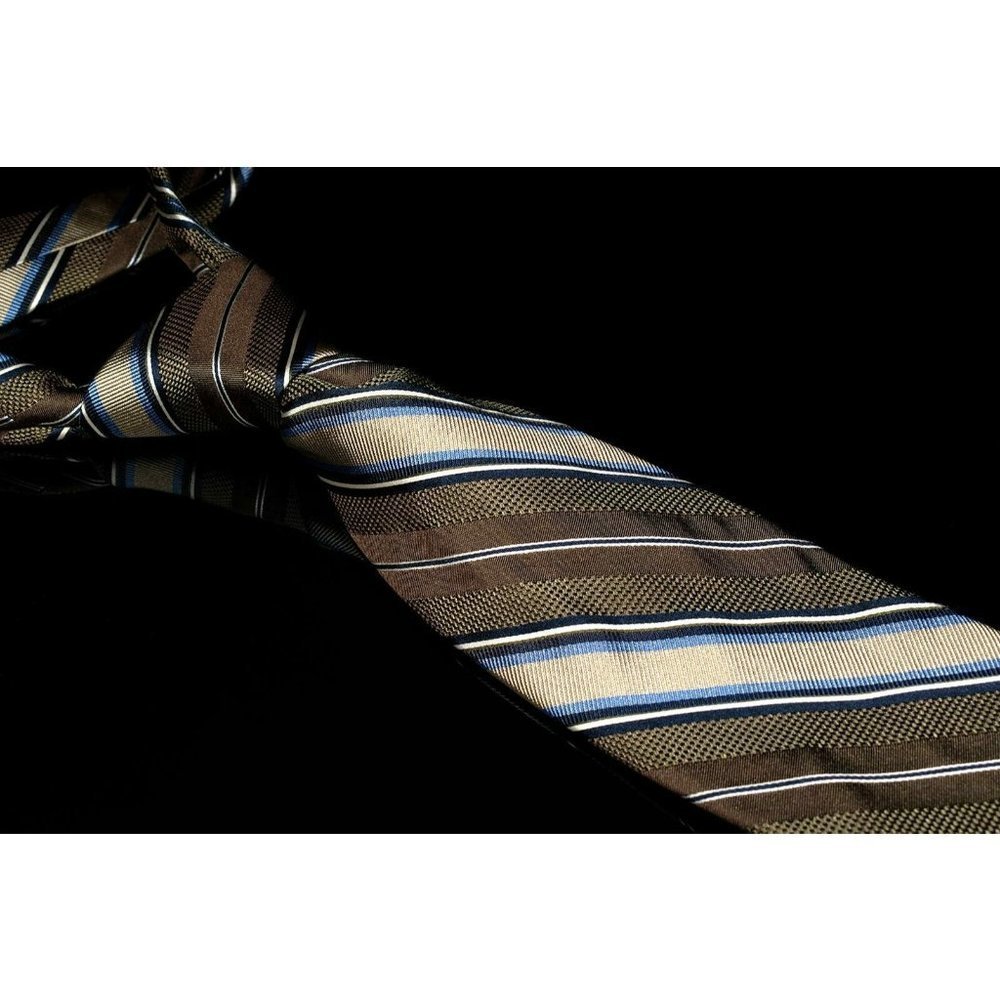 Ike Behar New York Brown Cream Light Blue Striped 100% Silk Men's Designer Tie